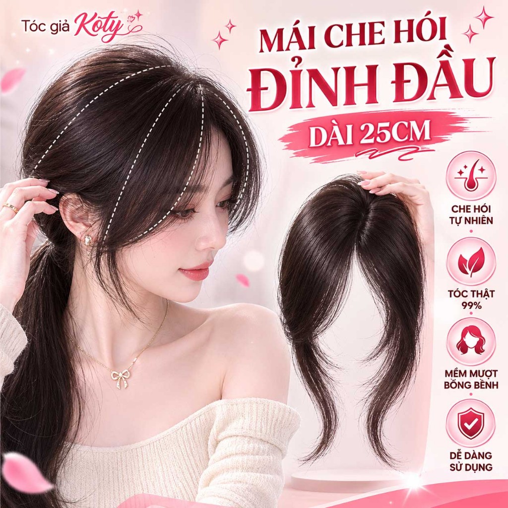 Tóc giả mái che hói đỉnh đầu 25cm | Tóc mái bay phủ bạc siêu da đầu tự nhiên