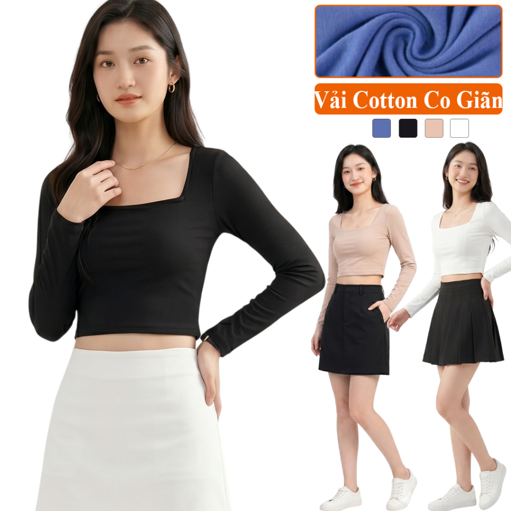 Áo Thun Croptop Nữ Dài Tay Cổ Vuông Madela Ôm Body Co Giãn 4 Chiều. Croptop Nữ Cổ Vuông Dài Tay.