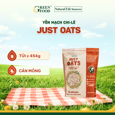 Yến mạch Chile JUST OATS nguyên chất cán mỏng - GREEN FOOD | Túi 454g - Ăn Liền Tiện Lợi
