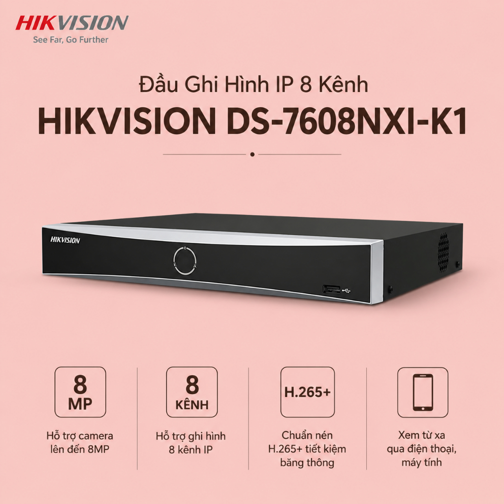 Đầu Ghi Hình IP 8 Kênh HIKVISION DS-7608NXI-K1 Chuẩn 4K Công Nghệ AI AcuSense Bảo Hành 2 Năm