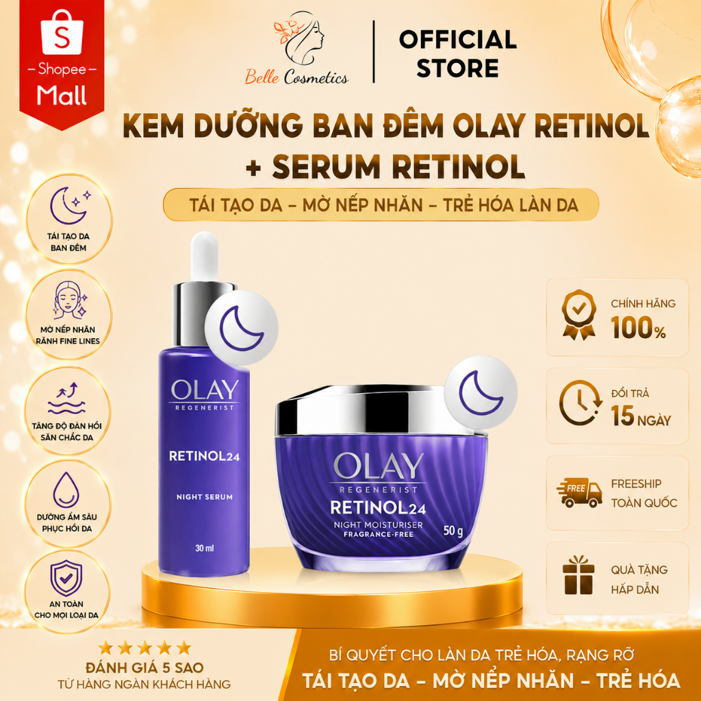 Kem Dưỡng Ban Đêm OLAY RETINOL + Serum RETINOL Thúc Đẩy Tái Tạo Da, Mờ Nếp Nhăn OLAY Chiết Xuất RETI