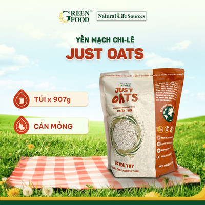 Yến Mạch Chile JUST OATS cán mỏng nguyên chất ăn liền - GREEN FOOD | Túi lớn 907g - Phù hợp Ăn Kiêng