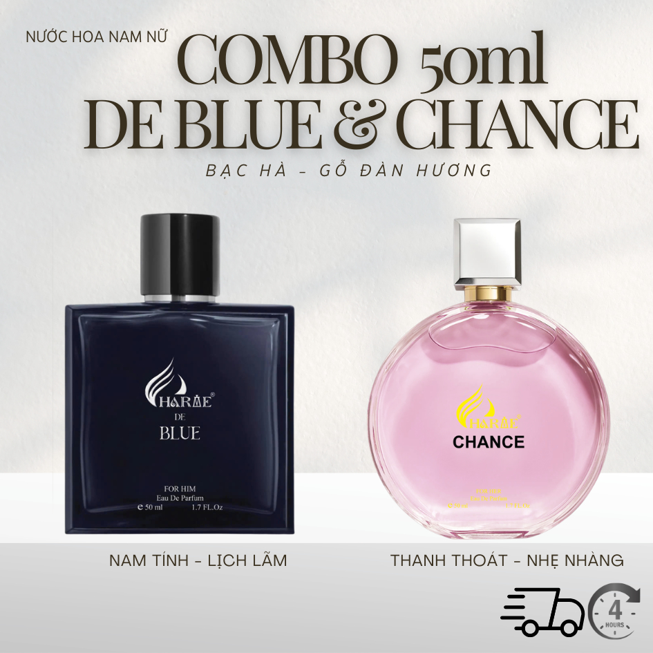 [COMBO COUPLE] Nước Hoa Nam 50ml De Blue & Nước Hoa Nữ 50ml Chance - Nam Tính, Mạnh Mẽ, Thanh Thoát,