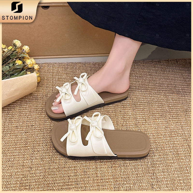 STOMPION Dép lê nữ thời trang Hàn Quốc, nơ đôi dễ thương, 3 màu hot trend đi biển mùa hè