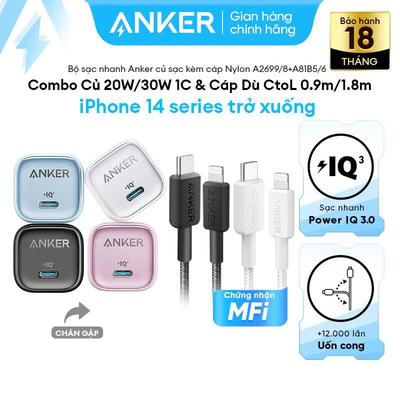 Combo sạc nhanh ANKER 20W/30W cho iP8-14 -Củ Zolo 20W/30W 1C & Cáp Dù CtoL MFi - A2699/8+A81B5/6