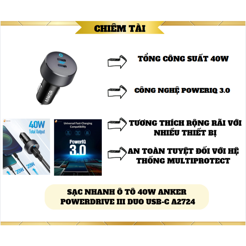 Sạc nhanh ô tô 40W Anker PowerDrive III Duo USB-C A2724