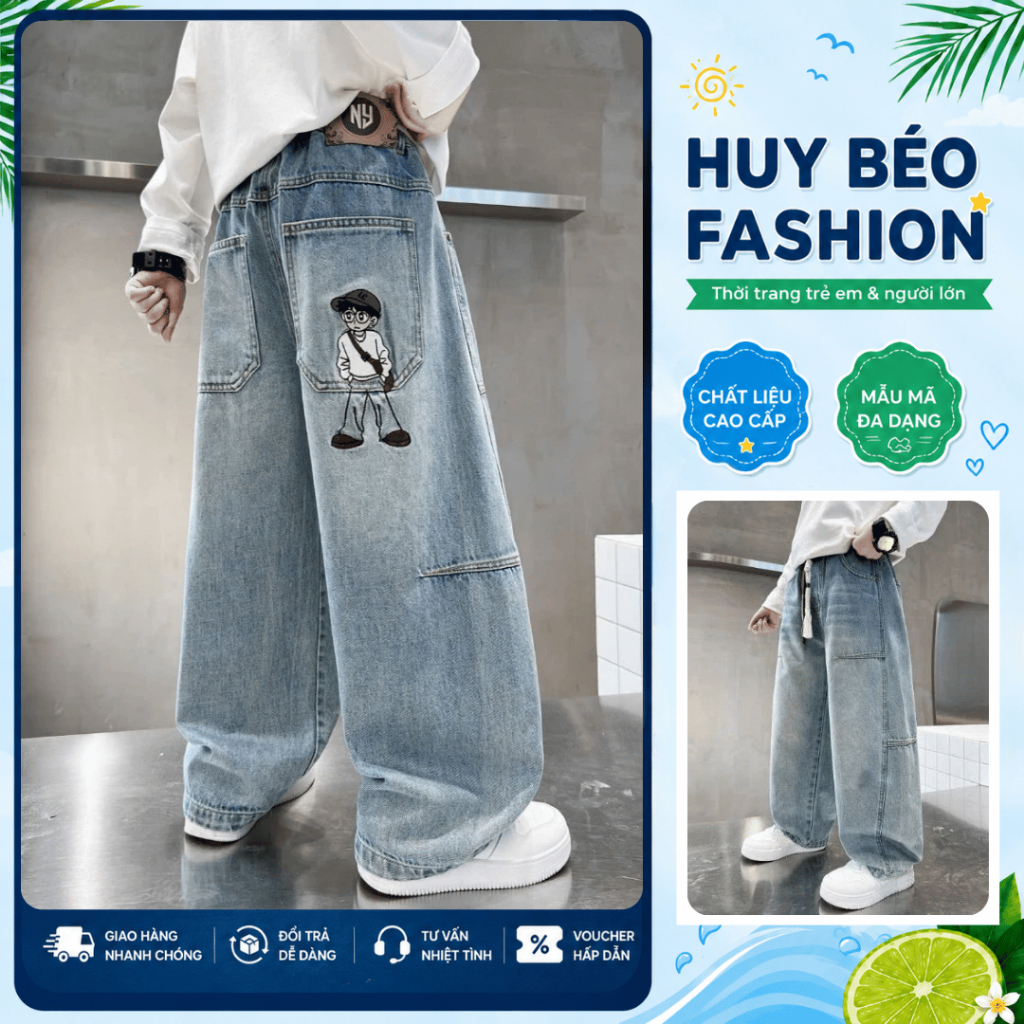 [JD3] Quần Jean Dáng Suông Thêu Hình Cho Bé Trai 15-58KG Jean Mềm Thoải Mái - Phong Cách Hàn Quốc_ H
