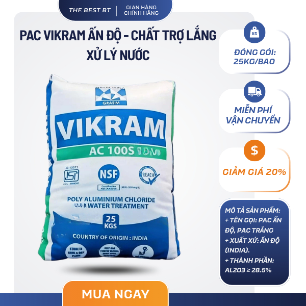PAC Ấn Độ Vikram - Poly Aluminium Chloride (25kg/bao) - PAC chất trợ lắng xử lý nước hồ bơi,...