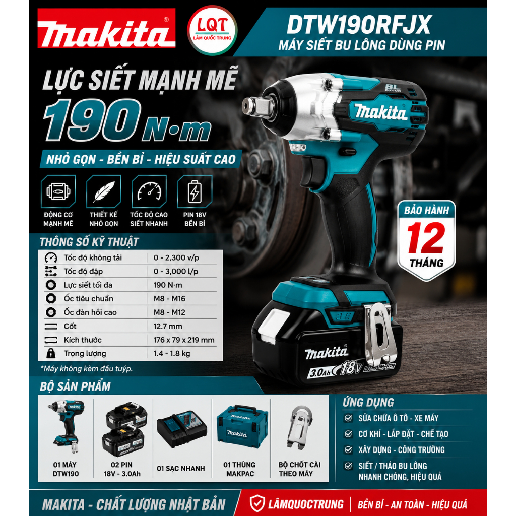 Máy siết bu lông dùng pin Makita DTW190RFJX, 190 Nm, 2 pin 3.0Ah, sạc nhanh, kèm thùng Makpac – bảo 