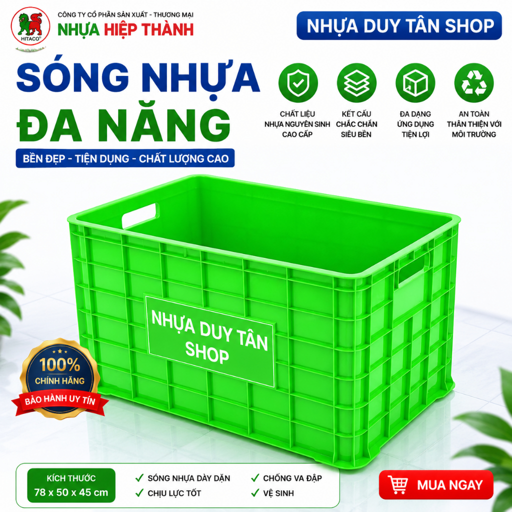 Thùng Nhựa Đặc Có 5 Bánh Xe 4T5 Duy Tân Hiệp Thành - Sóng Nhựa Bít Công Nghiệp Kích Thước 78x50x45cm