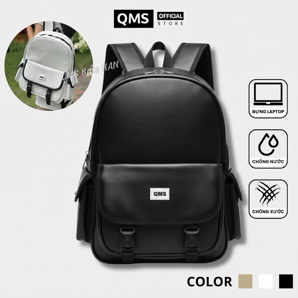 Balo Da PU, Cặp Da QMS Unisex Đứng Form Nhiều Ngăn Đựng Laptop 15.6 Inch – QMS Balo