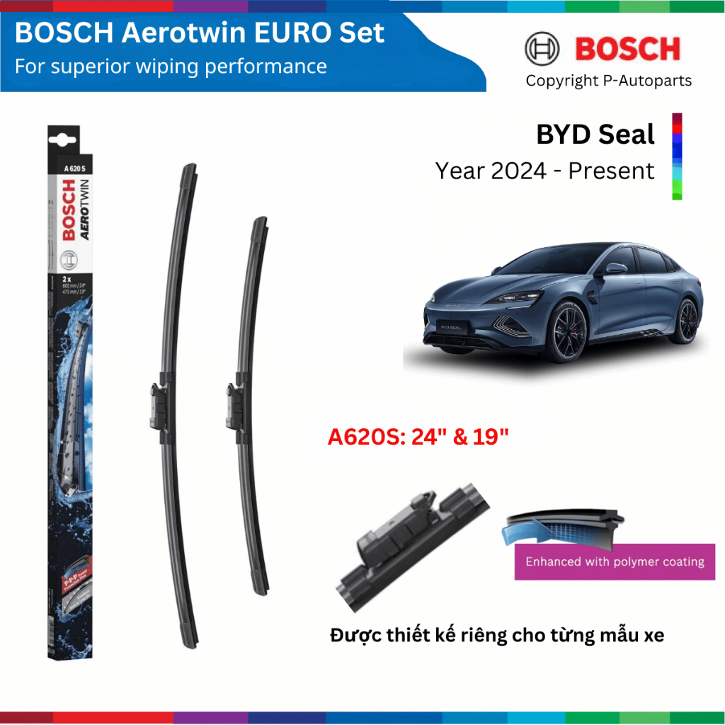 Bộ gạt mưa BOSCH AeroTwin Euro Set 24" & 19" xe BYD Seal đời 2024 đến nay