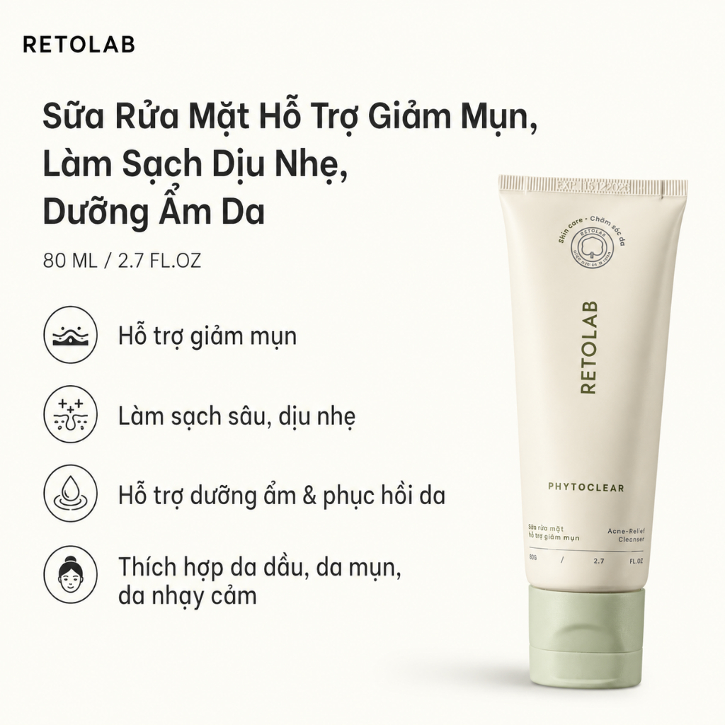 [VHL x Retolab]  Sữa Rửa Mặt Hỗ Trợ Giảm Mụn Retolab Phytoclear  Acne Relief Cleanser 80g Tặng Mút R