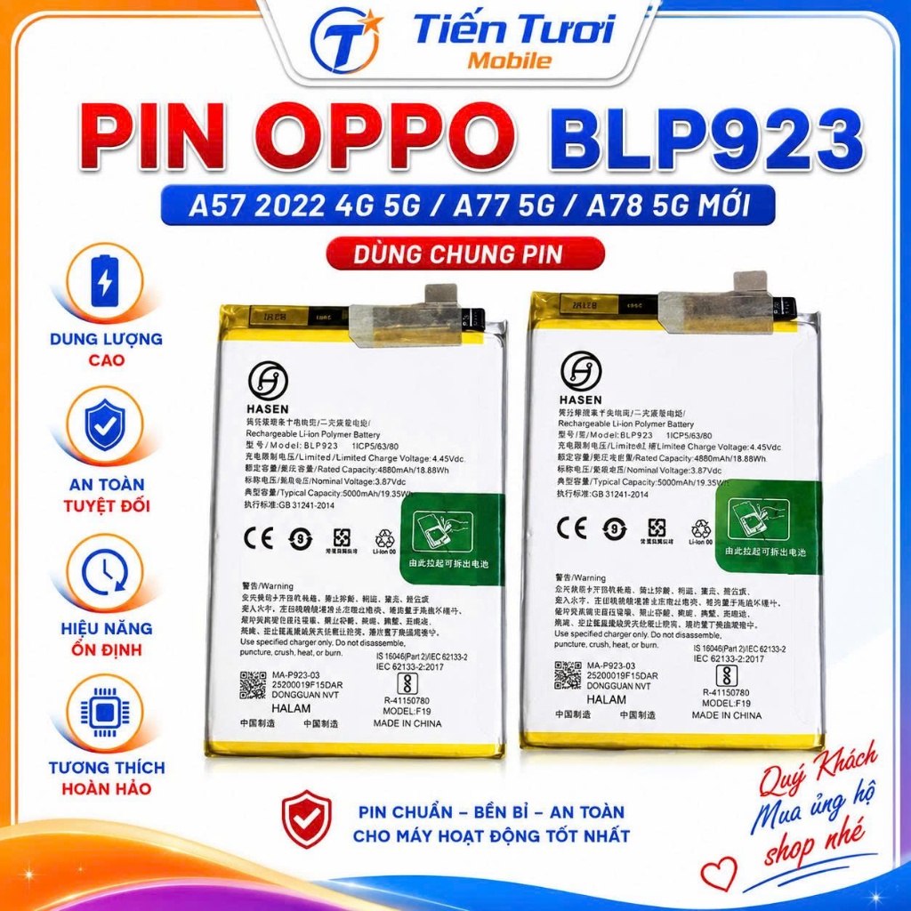 Pin oppo BLP923 / A57 2022 4G 5G /A77 5G/A78 5G,mới,dùng chung