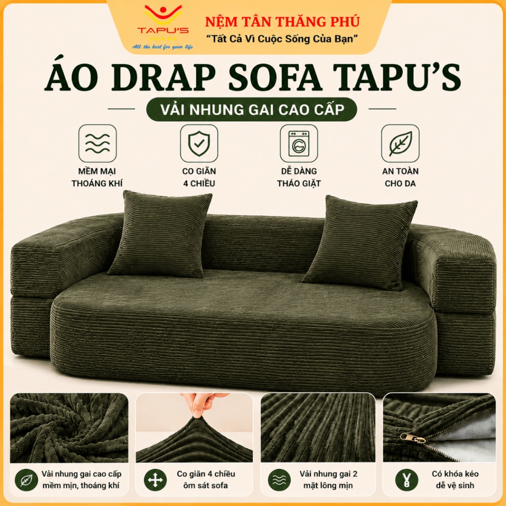 Áo Bọc Sofa Tapu’s ( Không phải Sofa) Vải Nhung Gai Cao Cấp – Co Giãn 4 Chiều, Chống Bụi Bẩn, Dễ Tháo Giặt, Nhiều Màu