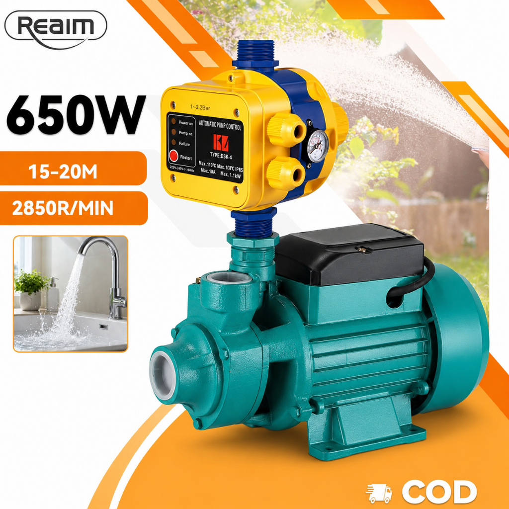 Reaim Máy bơm tăng áp 650W Máy bơm nước gia đình – Cấp nước gia đình, tăng áp cho vòi sen, bình nóng lạnh, máy giặt