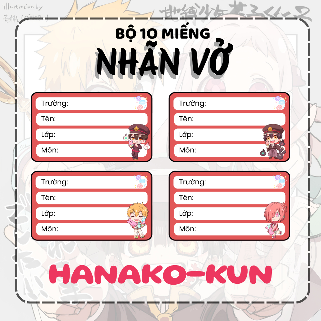 [Nhãn Vở Hanako-Kun] Gói 10 miếng nhãn vở anime, nhãn dán tập, sách - "Cậu" ma nhà xí Hanako