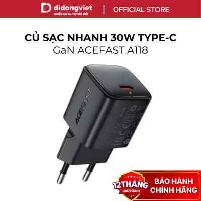 Củ Sạc Nhanh Acefast GaN 30W Acefast A118 - Cổng Type-C, Hỗ Trợ Sạc PD3.0 / PPS - Hàng Chính Hãng