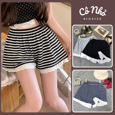 Quần Short Bigsize Nữ Kẻ Sọc Ngang Phối Ren Gấu Lưng Thun Co Giãn Cá Tính Q578 Q579