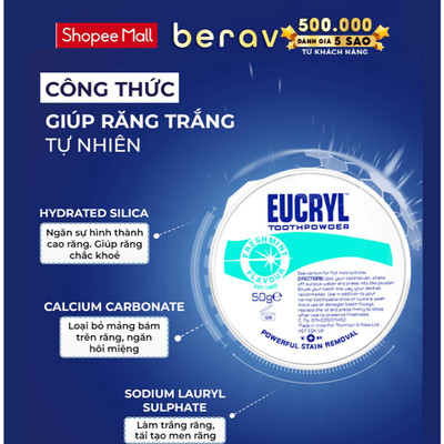 Bột Bạc Hà Giúp Sạch Miệng Trắng Răng, Hơi Thở Thơm Mát Eucryl Toothpower 50g