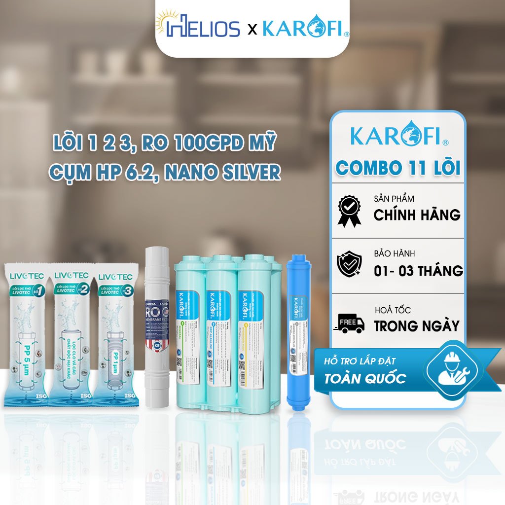 Bộ 11 Lõi Lọc Nước Karofi KAD-D66 Chính Hãng - Bộ Lõi Thay Thế Máy RO (123 + RO100Mỹ + HP6.2 + Nano)