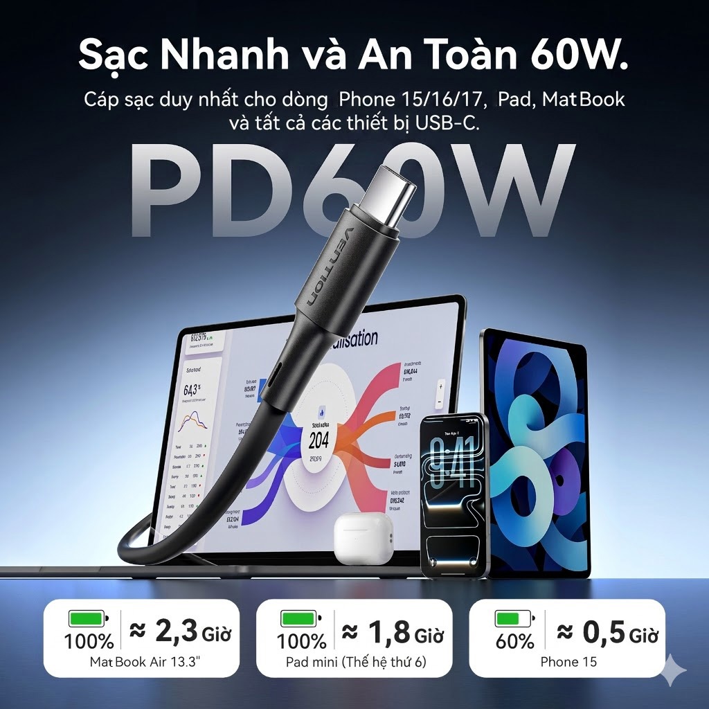 Cáp Sạc Nhanh USB-C 60W Vention PD 3A,Cáp Type C Truyền Dữ Liệu 480Mbps Cho Điện Thoại Laptop Tablet | BigBuy360 - bigbuy360.vn
