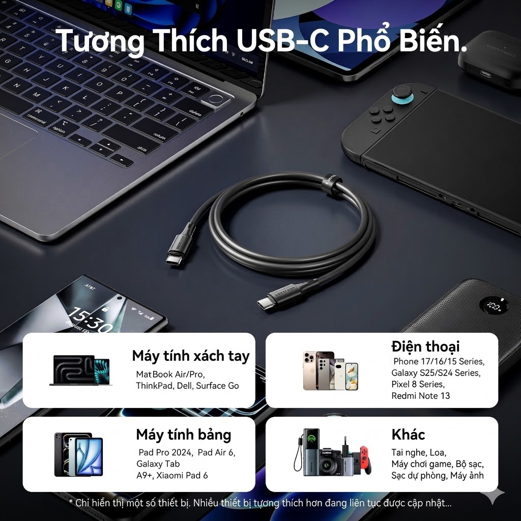 Cáp Sạc Nhanh USB-C 60W Vention PD 3A,Cáp Type C Truyền Dữ Liệu 480Mbps Cho Điện Thoại Laptop Tablet | BigBuy360 - bigbuy360.vn