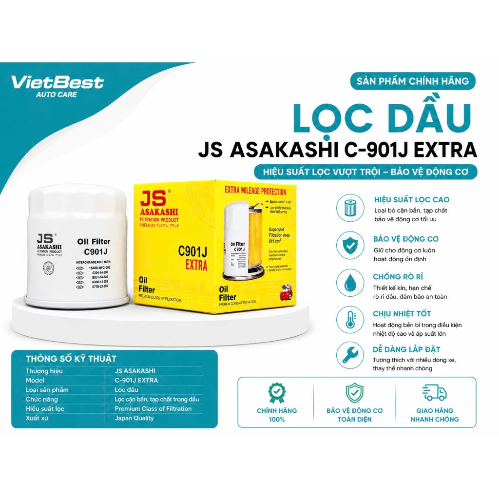 [PHÂN PHỐI CHÍNH HÃNG] Lọc Dầu Nhớt Động Cơ JS Asakashi C901J Extra (Dòng Premium Tăng Cường)
