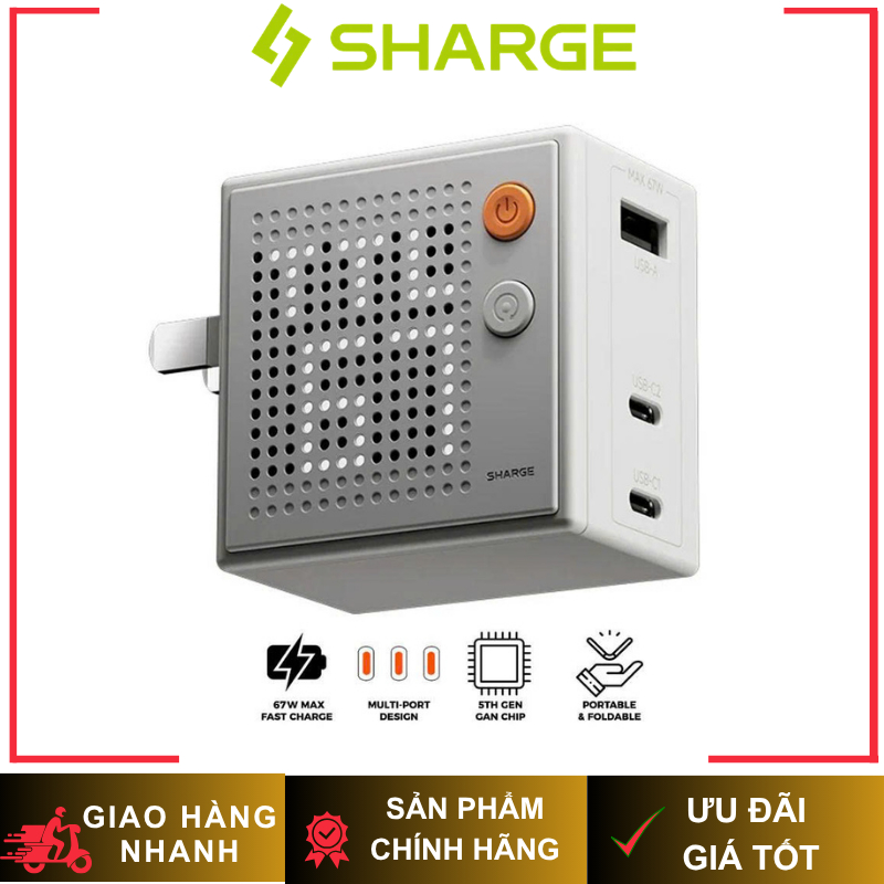 Củ Sạc Nhanh Mini Sharge Pixel GAN Chuẩn PD 67W | 3 Cổng Sạc | Màn Hình Ma Trận Pixel Chính Hãng