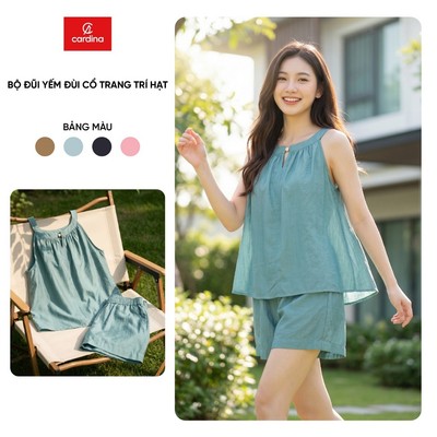 Bộ đồ mặc nhà nữ CARDINA chất liệu đũi bambo sát nách cổ yếm thêm trang trí hạt và quần đùi  6BDN03