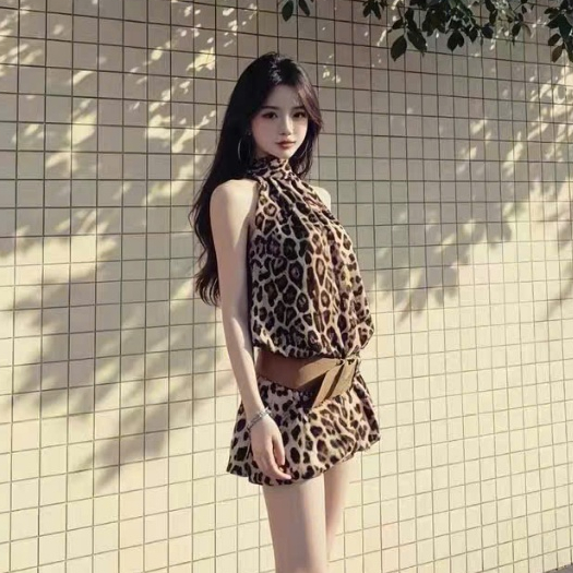 BV175 Đầm Ngắn Cổ Yếm Thắt Dây Ôm Eo Hở Vai Gợi Cảm Phong Cách Sexy Họa Tiết Da Báo Không Kèm Đai