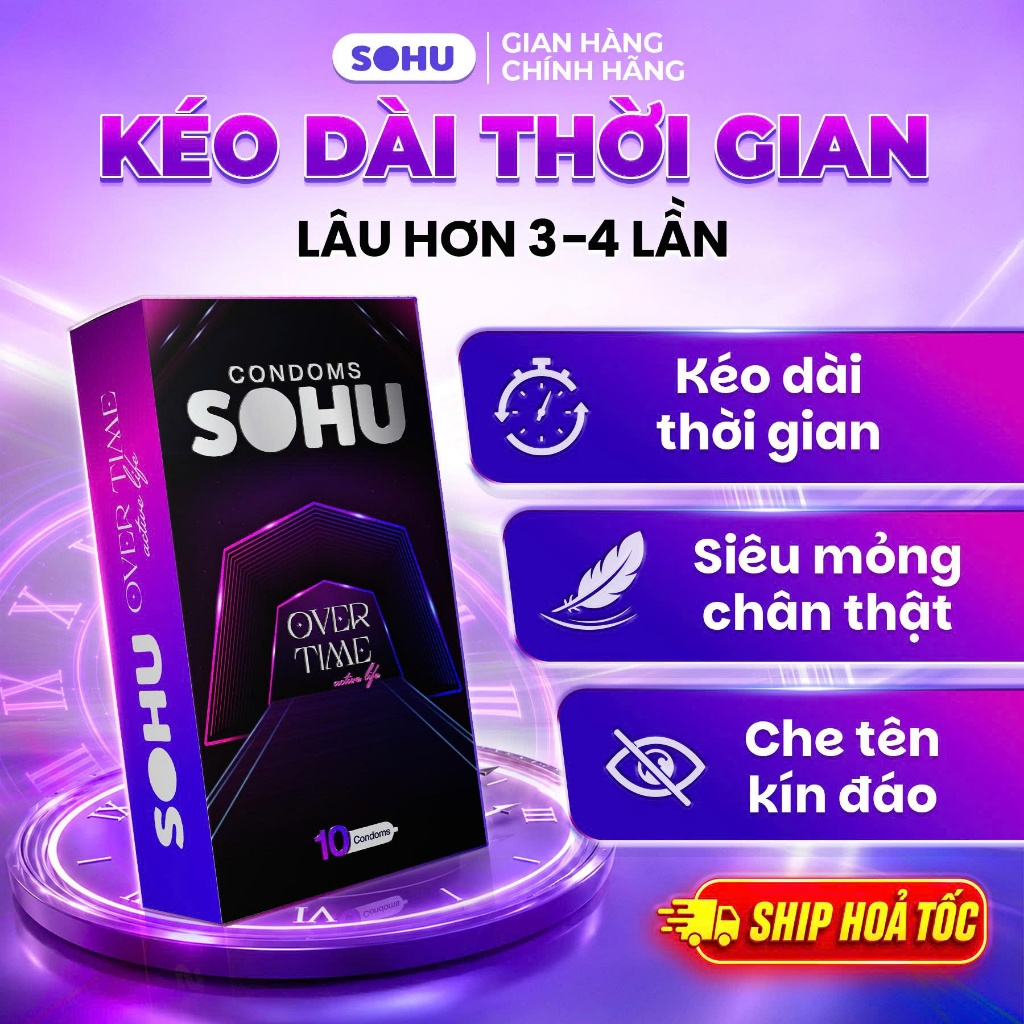 Bao Cao Su SOHU Over Time - Kéo Dài Thời Gian, Nhiều Gel Bôi Trơn, Bao Cao Su Siêu Mỏng size 52mm