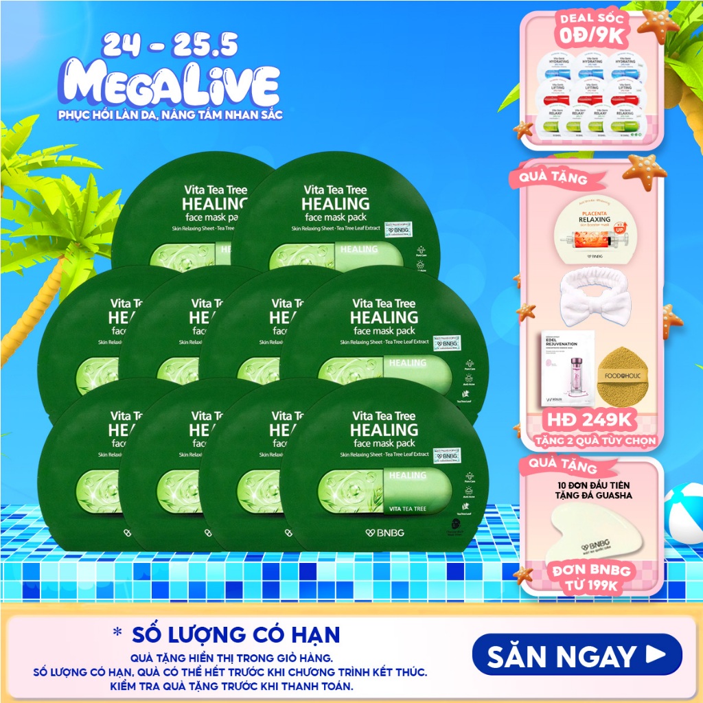 Combo 10 miếng mặt nạ  BNBG chiết xuất tràm trà Vita Tea Tree Healing Face Mask Pack 30ml