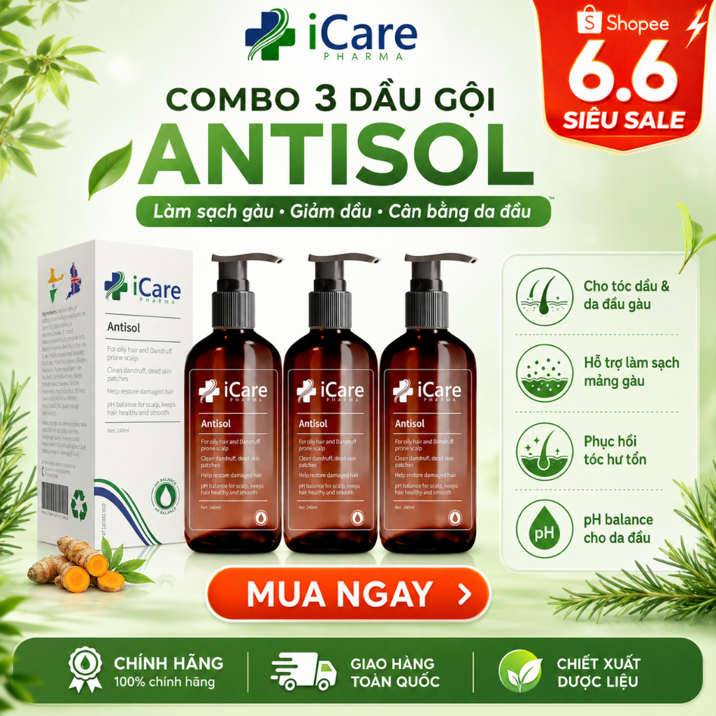 Combo Chăm Sóc Tóc iCare Pharma | Dầu Gội Antisol & Dầu Xả Antisol Smooth | Da Đầu Sạch Gàu Thông Th