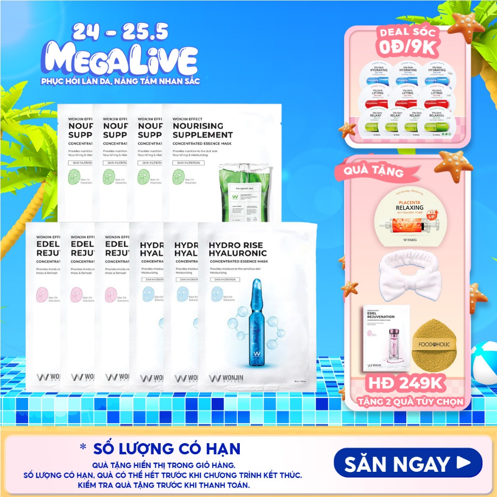 Combo 10 mask Wonjin Effect cấp ẩm, dưỡng da Concentrated Essence Mask