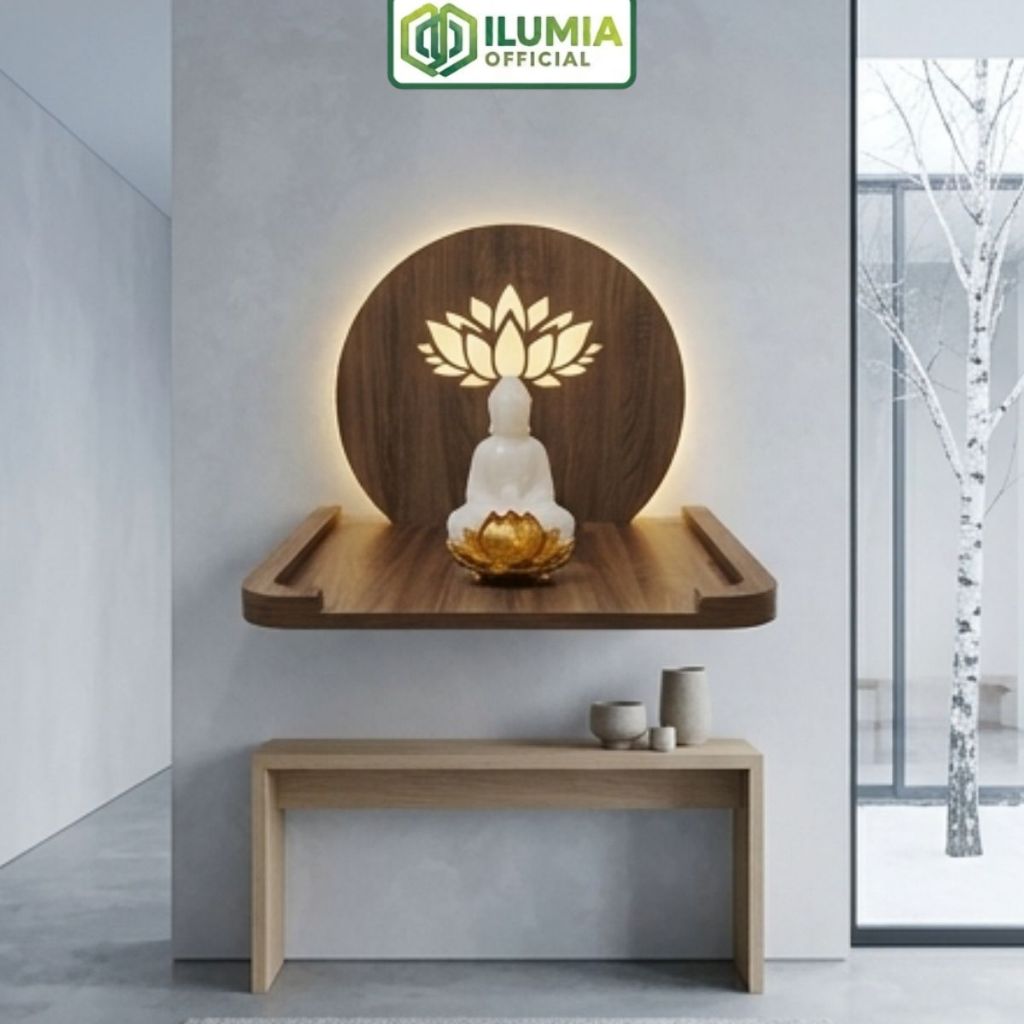 Bàn thờ họa tiết hoa sen treo tường có đèn thương hiệu ILUMIA
