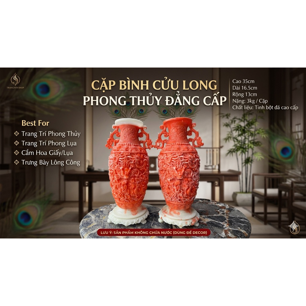 Cặp Bình Hoa Cửu Long 35cm Tinh Bột Đá Cao Cấp - Lọ Hoa Đóng Lông Công Trang Trí Phòng Khách Phong Thủy May Mắn Tài Lộc