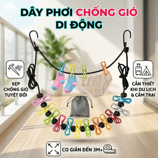 Dây Phơi Đồ Du Lịch Co Giãn 1.8–3.5m, 12 Kẹp Chống Gió, Giá Treo Chống Trượt, Dễ Di Chuyển