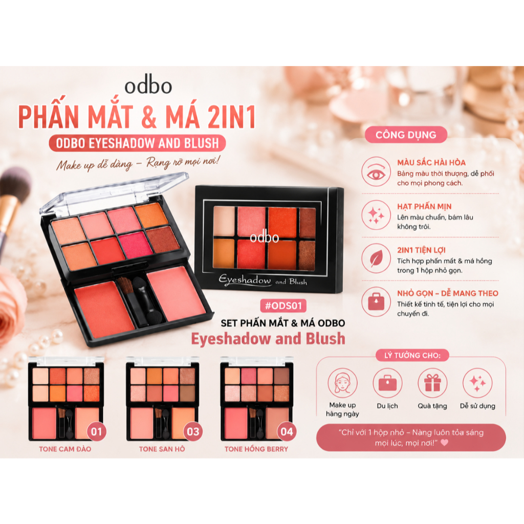 [Chính Hãng] Phấn Mắt Và Phấn Má 2in1 Odbo ODS01 Thái Lan - 1 Hộp