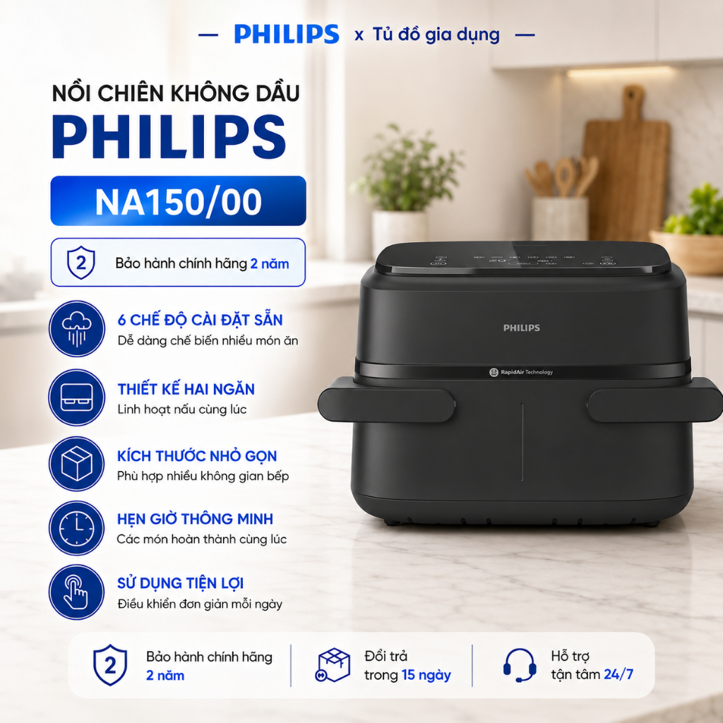 Nồi chiên không dầu PHILIPS NA150/00 | Công suất 2450w | Nhiệt độ đến 200*C | Dung tích 7,1 lít