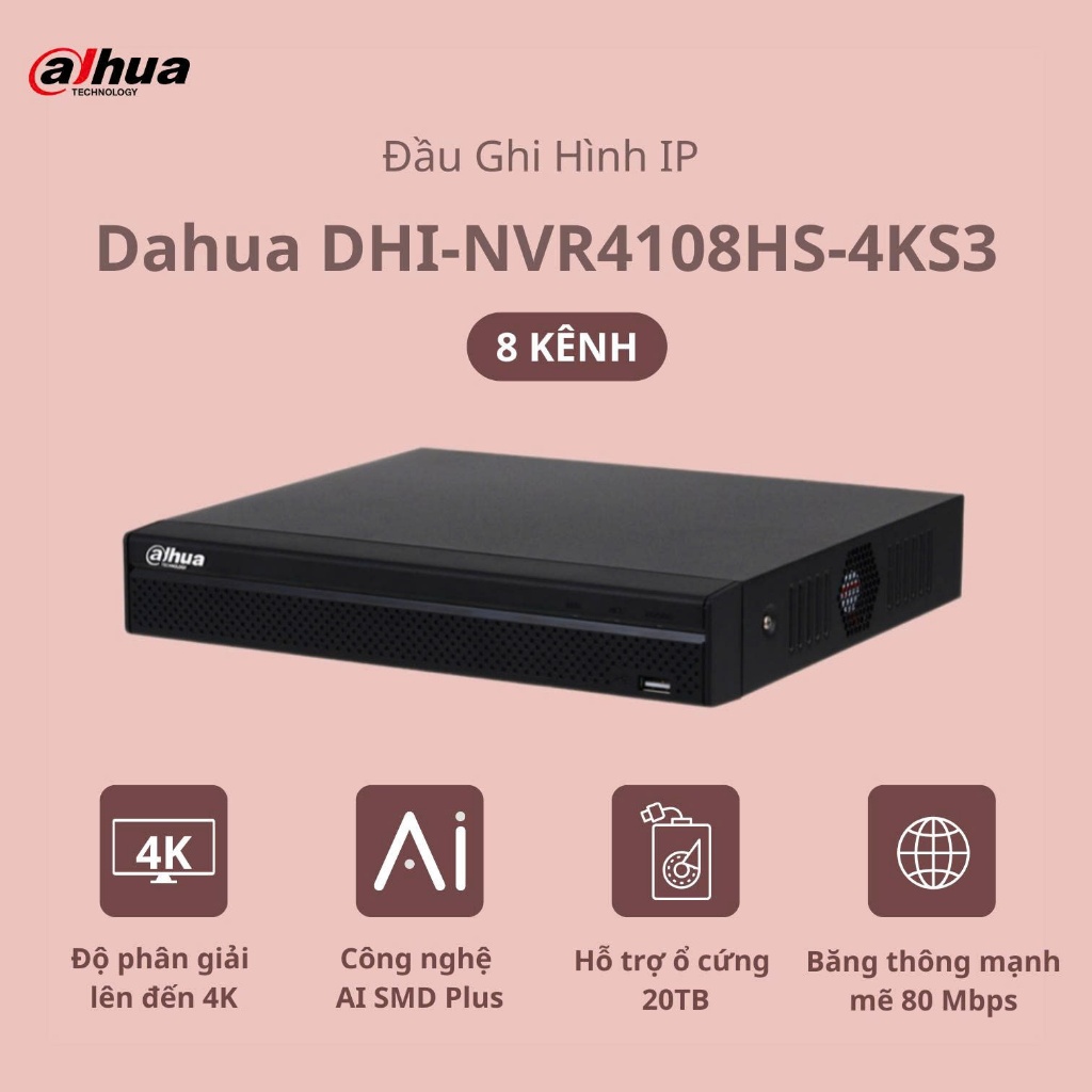 Đầu Ghi Hình IP 8 Kênh Dahua DHI-NVR4108HS-4KS3 Hỗ Trợ 4K Chuẩn Nén H.265+ Chính Hãng