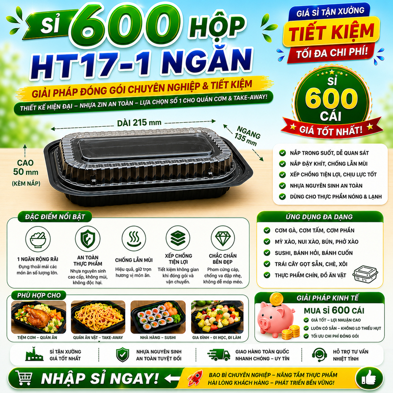 SỈ 600 HỘP NHỰA HT17 1 NGĂN ĐẾ PP - TIỆN LỢI, AN TOÀN THỰC PHẨM - HỘP ĐỰNG THỰC PHẨM GIÁ RẺ