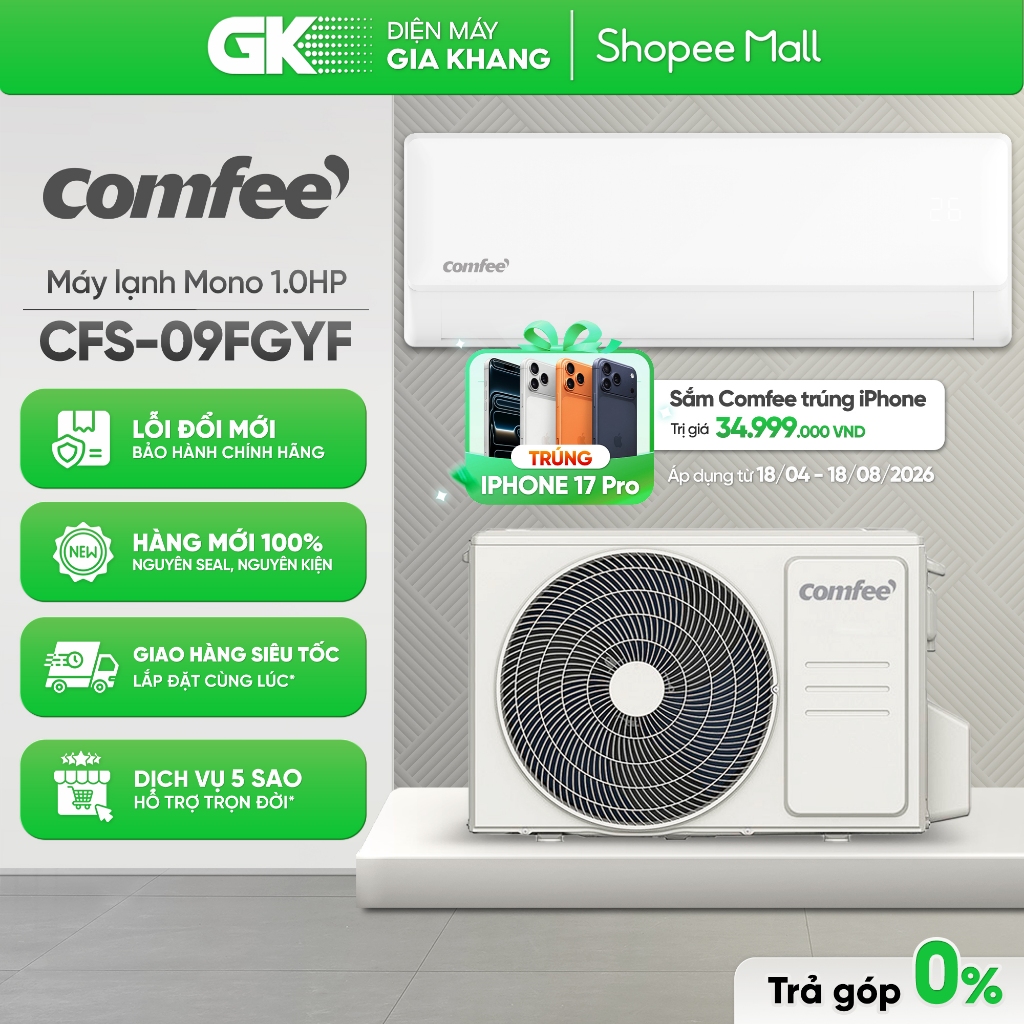 Máy lạnh Comfee 1 HP CFS-10FWFF-V - Dưới 15 m², R32, Điều khiển Wifi, Kháng khuẩn