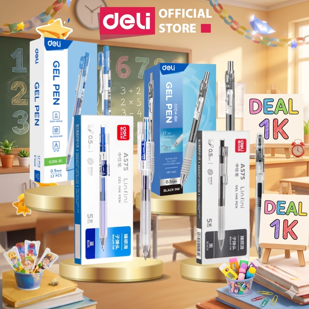 [DEAL RẺ] Nguyên hộp 5 chiếc A575 Bút Gel Bút Bi Ngòi 0.5mm Dung Tích Lớn Deli A575, A057B, S60, S10