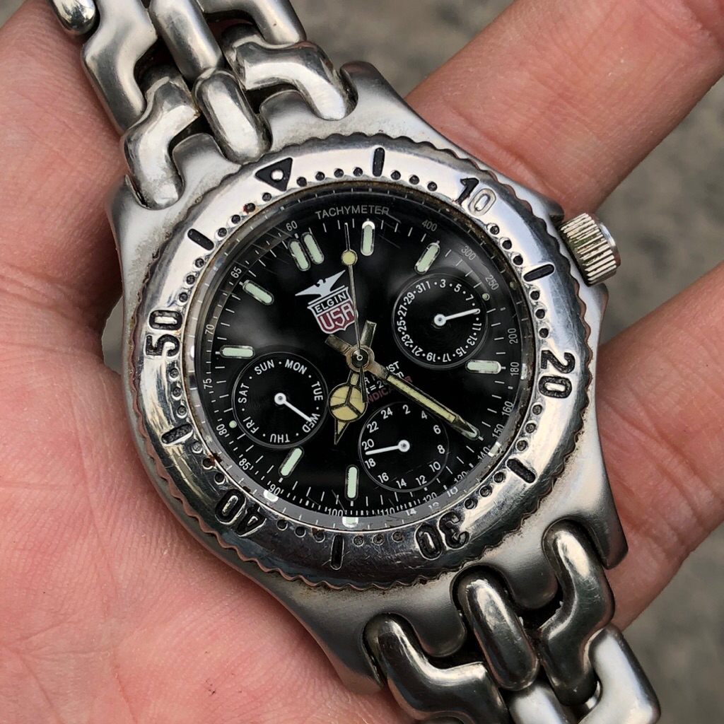 Đồng hồ Nam ELGIN USA dây xương cá, bản dial đen màu đẹp