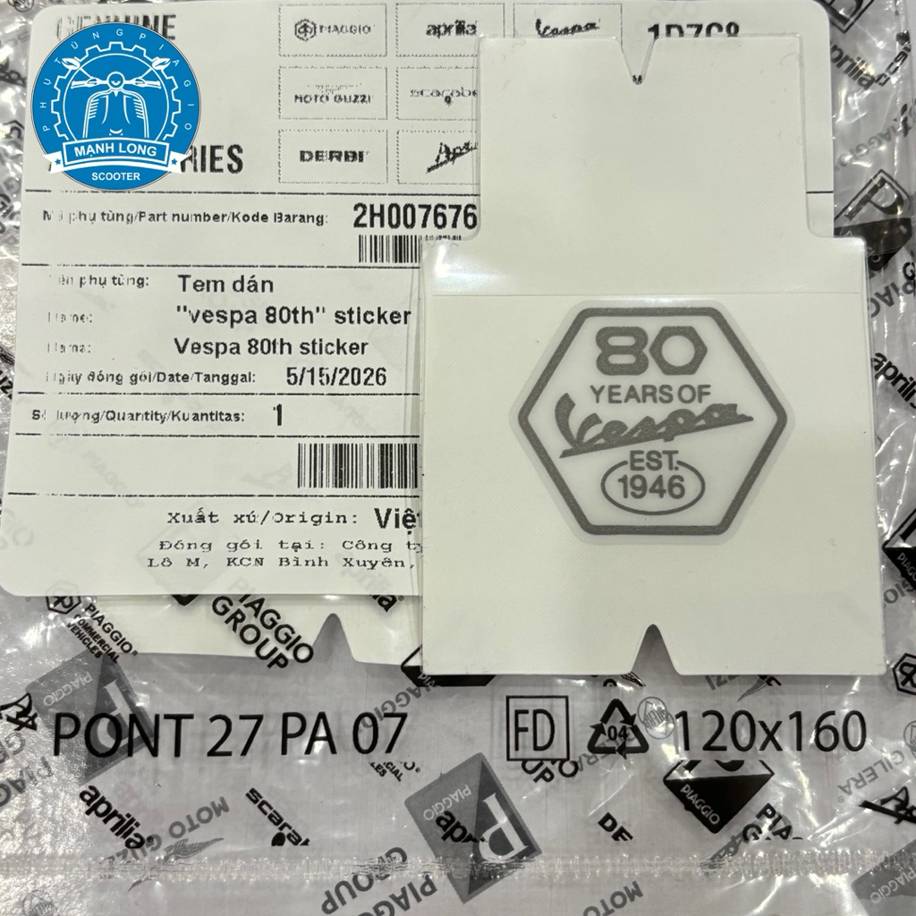 Tem dán Vespa 80 năm – Bản kỷ niệm 80th Anniversary – Mã 2H007676 – Decal trang trí xe Vespa Piaggio