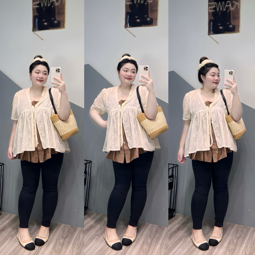 (Múp Bigsize) Áo babydoll ren thêu phối bigsize 60-120kg