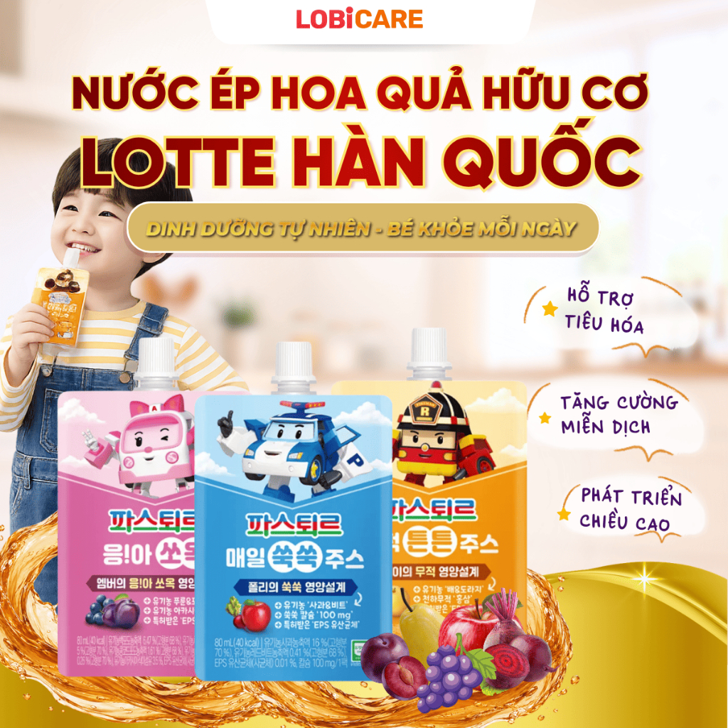 Nước Trái Cây Hữu Cơ Lotte Hỗ Trợ Bé Phát Triển Toàn Diện Lotte Tăng Cao, Lotte Ăn Ngon, Lotte Khỏe 