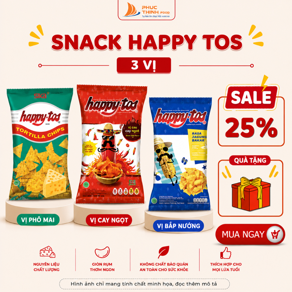 [Sale 15-7] Snack Tortilla Chips Happy Tos Bắp 3 Vị (140g-160g) - Giòn Rụm, Vị Phô Mai Nacho Đậm Đà