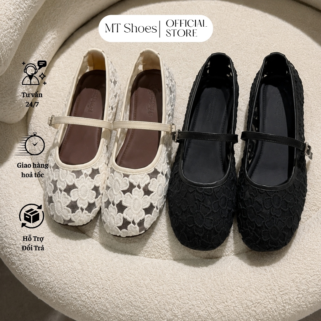 Giày Búp Bê Nữ Ren Lưới Ballet Hoa Nổi Tiểu Thư Hàng Thiết Kế Form Đẹp Êm Chân MT Shoes GN112